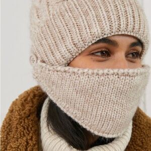 Anthropologie Beige Ribbed Knit Hat with Faux Fur Pom